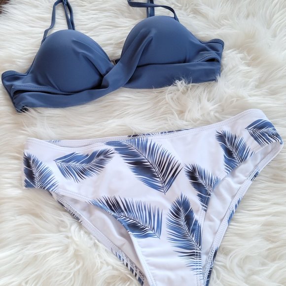 Two Piece Twist Simons Bikini Swimsuit Dark Blue Feather Print Spaghetti Strap M - Picture 3 of 12